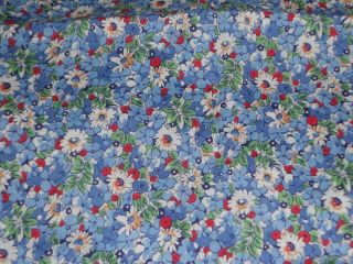 Vintage Cute Blue & White,  Red Floral Cotton Fabric