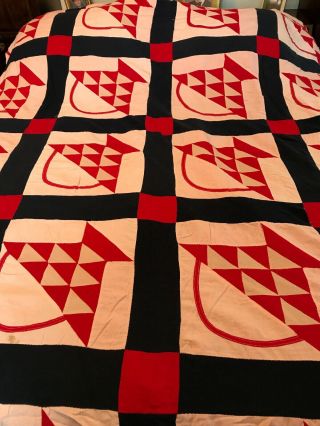 Vintage Handmade Quilt,  64”x76”,  Red Basket Pattern With Red Back