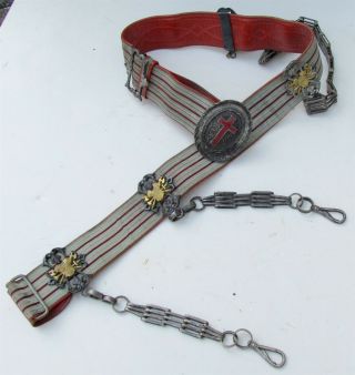 19th Century Antique Masonic Belt W/ Sword Hanger Chains Antique