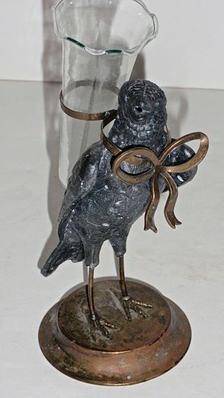 Vintage Petites Choses Metal & Brass Bird With Glass Vial Vase Flower Holder