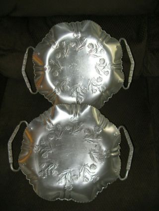 2 Vintage Hammered Aluminum Scalloped Serving Platter Roses 12 ",  Handles