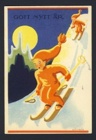 Art Deco Children Elf Skiing Full Moon Roostrom Sweden Christmas Mini Postcard