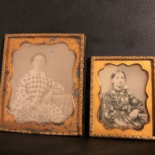 Two Antique Daguerreotypes Of Women In Checkered Dresses Civil War Era 1/6 & 1/9