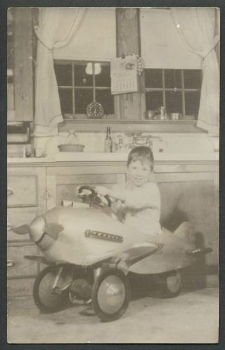 1940s Rppc Photo Postcard Little Boy In Navy Pursuit Plane Pedal Car By Murray