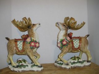 2 Fitz & Floyd Christmas Wreath Reindeer Deer Candle Sticks Holders In Boxes