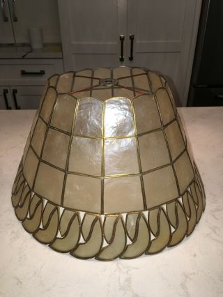Vintage CAPIZ SHELL Brass Lamp SHADE Windowpane 13” x 8” 7