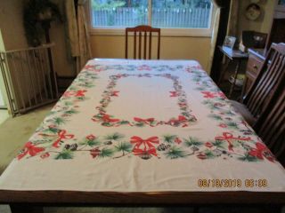 Vintage Cotton Christmas Tablecloth Garland Pine Cones Bows Ornaments 60 " X 68 "