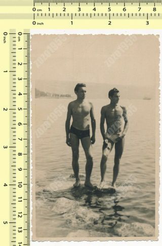 Two Beefcake Shirtless Handsome Guys In Trunks Beach Gay Int Bulge Old Photo