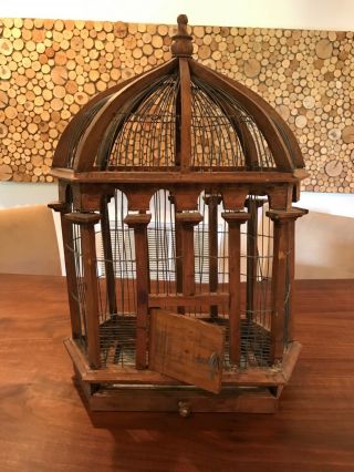 25 " Antique Victorian Wood & Metal Wire Bird Cage With Domed Top