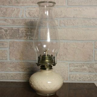 Vintage Set Lamplight Farms Hobnail Oil Lamps Ivory Cream Clear Beaded Chimney