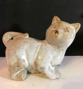 High Gloss Glaze Pottery Cat White And Gray Vintage