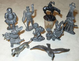 (9) Vintage Pewter Figurines Assorted Fantasy People And Animals