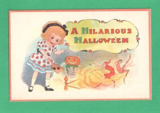 Vintage " Hilarious " Halloween Postcard Girl Shovel Fire Fairies Jol - Boy Apples