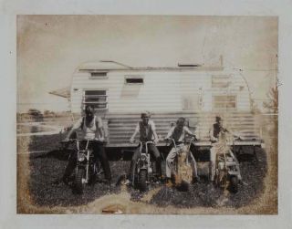 Vintage B & W Polaroid Photo Man Boys Motorcycle Trail Bikes By Trailer 1960s