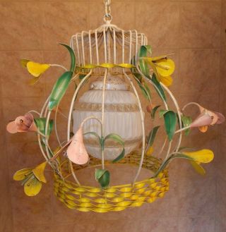 Vtg Mid Century Hanging Painted Tole Flowers Birdcage Light Lamp Chic Chandelier