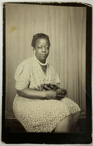 African American Woman Clutching Purse In The Photobooth,  Vintage Photo Snapshot
