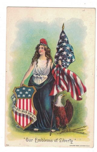 Postcard Our Emblems Of Liberty Shield,  Miss Liberty,  Flag & Eagle