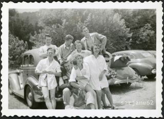 Young Men & Women Horsing Around Summer Fun Cars & Co - Eds Vintage Photo