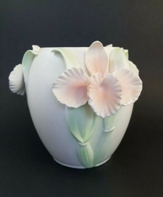 1982 Japan Fitz Floyd Pastel Pink Green Cream Iris Vase 6.  25 " Easter Spring