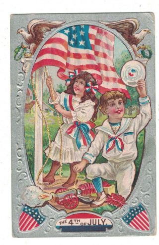Postcard 4th Of July Eagle,  Flags,  Shield And Boy And Girl