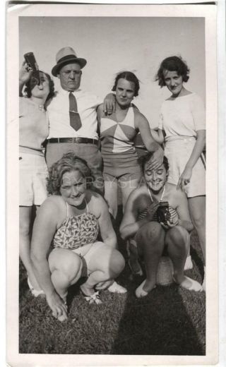 Vintage Photo Chubby Man W 5 Swimsuit Play Suit Girls W Folding Brownie Camera