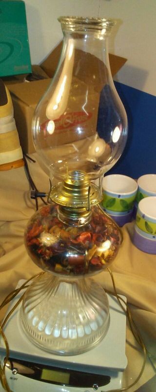 Antique Vintage Pedestal Glass Kerosene Oil Lamp Converted To Electric W/ Top