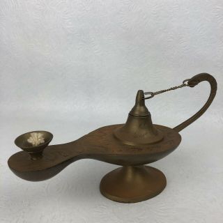 Vintage Aladdin’s Lamp Genie Etched Brass Oil Incense Burner 7 - 1/2 Inch