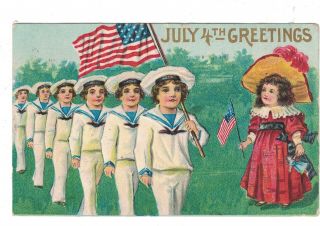 Postcard 4th Of July Boy Carrying Flag & Girl Watching 1908