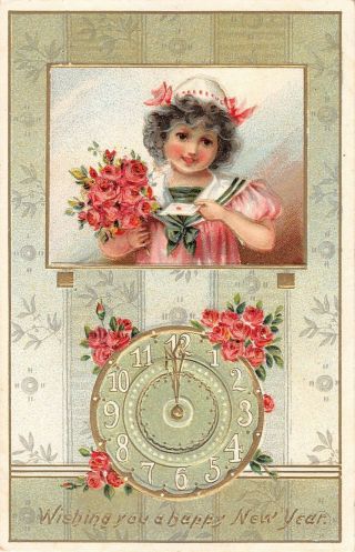 Pretty Girl With Pink Roses By Clock At Midnight On Old Tuck Year Postcard