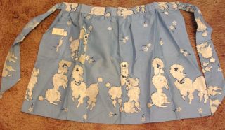 Vtg Apron W Flocked Poodles Flowers Blue And White Cute