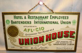 Vtg Hotel And Restaurant Union House Afl - Cio Tin Advertising Sign