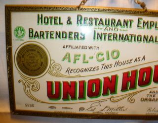 VTG HOTEL AND RESTAURANT UNION HOUSE AFL - CIO TIN ADVERTISING SIGN 2