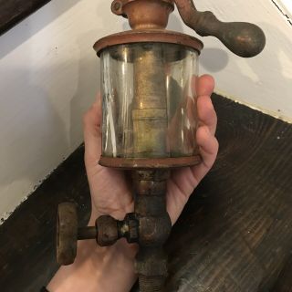 Antique Michigan Lubricator 6 Hand Pump Oiler Brass Glass Broken 2
