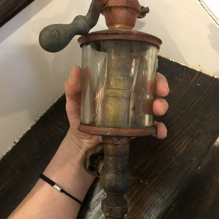 Antique Michigan Lubricator 6 Hand Pump Oiler Brass Glass Broken 3