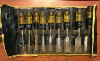Vintage Stanley No.  60 Butt Chisel With Roll - Wood Chisel Set Of 9