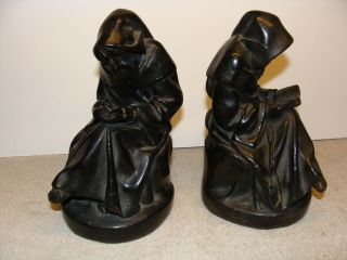 Antique Pair Armor Co.  Black And Bronze Clad Monk Reading Book Ends Old Library
