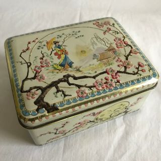 Vintage Asian Inspired Hinged Lid Rectangular Tin Geisha Pagoda Cherry Blossoms