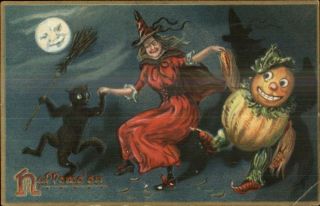 Halloween Witch Dances W/ Cat & Pumpkin Man In The Moon Tuck Postcard
