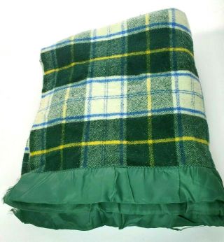 Green & White Plaid Wool Blanket Satin Trim 62 " X 78 " Thin Vintage