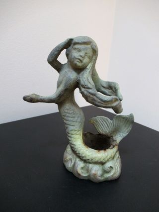 Vtg Rustic Cast Iron Bronzed Patinated Mermaid Figure Candle Holder 5.  5 " Tall
