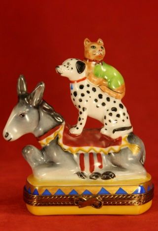 Rochard Limoges France Hand Painted Circus 3¼ " Trinket Box Donkey Dalmatian Cat