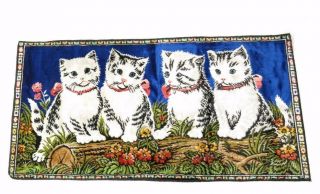 Vintage Italy Velvet Wall Hanging / Tapestry/ Rug 4 White Fluffy Kittens Cats