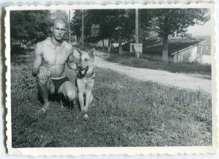 Beefcake Semi Nude Man Soldier W Dog German Shepherd Gay Int Photo Vintage 1950s