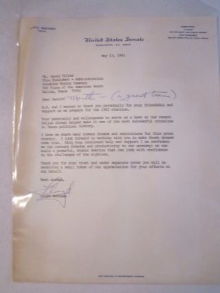 1981 Senator Lloyd Bentsen Signature On U.  S.  Senate Letterhead - Blue Ink - Tub Bp