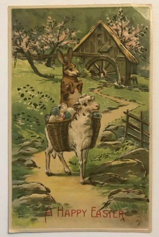 Easter Postcard Bunny Rabbit Riding Lamb With Eggs In Basket 1910 Embossed - C671