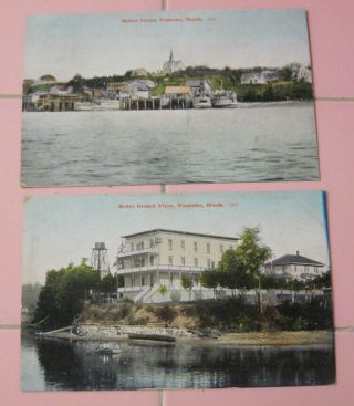 2 Vintage Postcard Poulsbo Washington 1910 Postmark Hotel Grand View Water Front