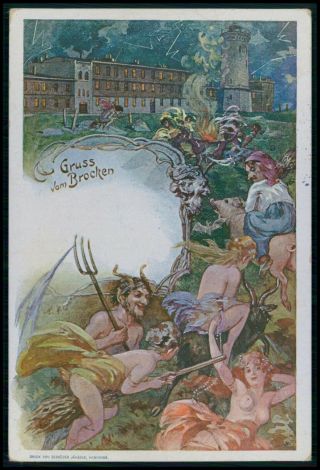Art Mailik Witch Nude Woman Devil Pig Gruss Vom Brocken 1900s Postcard