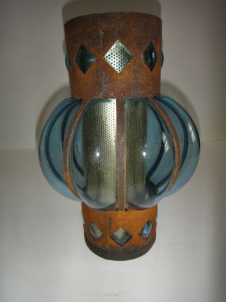 Large Vintage Caged Blue Glass Oil Kerosene Chimney Lamp Shade