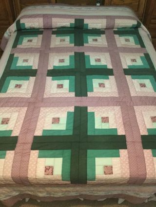 Vintage Hand Crafted Patchwork Quilt Log Cabin Full Or Queen 80x108