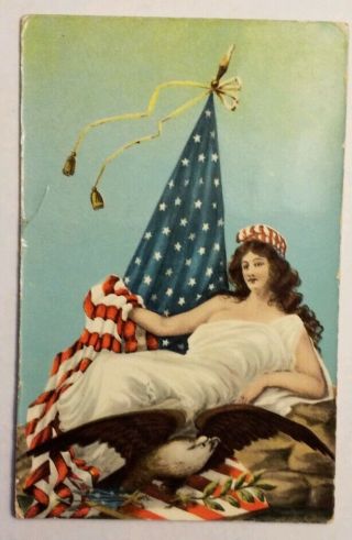 Vintage Patriotic/flag Day 1907 Postcard Lady Liberty With Us Flag - Glossy